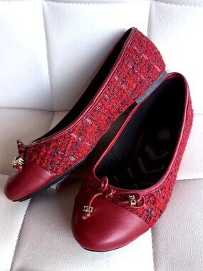 Dune London Hallis Women's Red Tweed Ballet Flats Bow Size 8 / 38 New